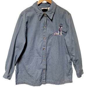 Vintage Lighthouse Embroidered Denim Button Up Shirt Nautical Coastal Women's XL